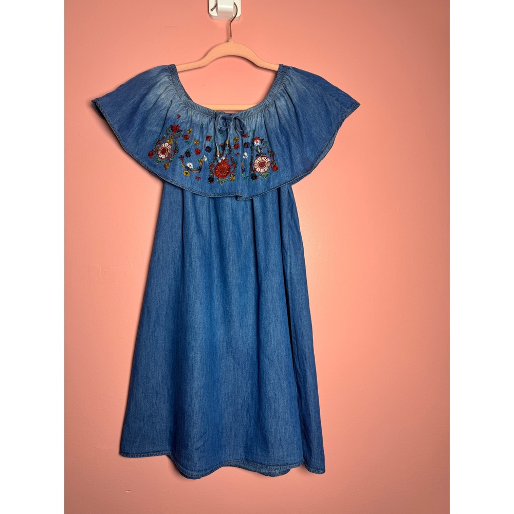 Reflection Womens Blue Chambray Denim Floral Embroidered Off Shoulder Mini Dress